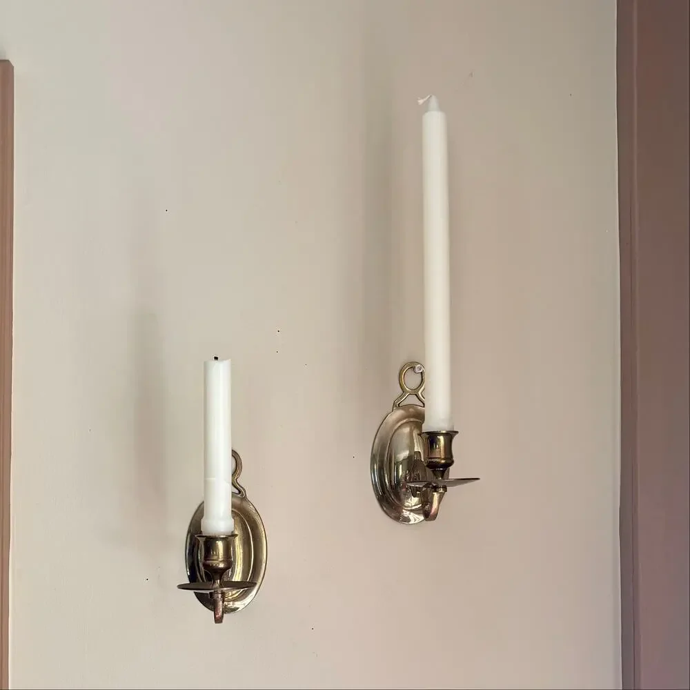 Vintage Brass Oval Backplate Candle Sconces w/ Elegant Scroll Arms Set of 2